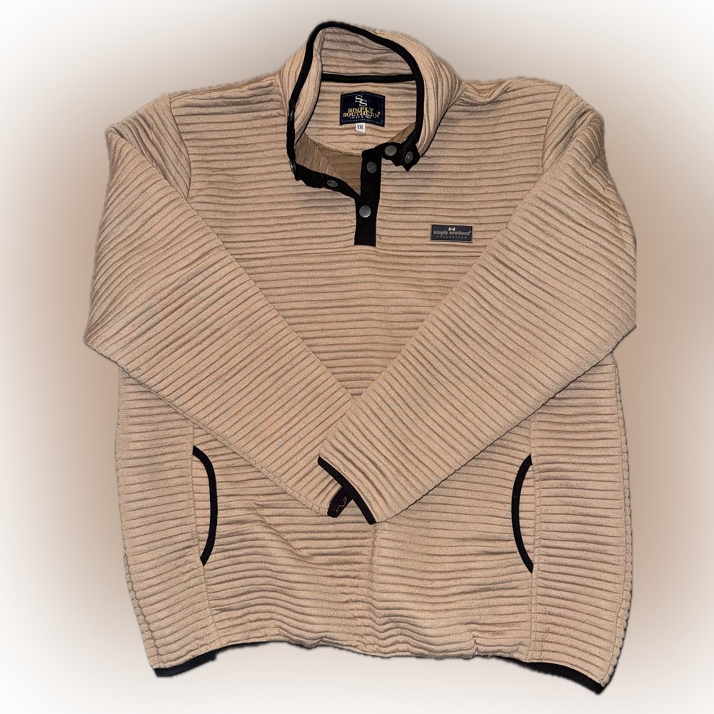 Simply Southern Women’s Tan Quarter Snap-Up Pullover with Black Trim & Pockets